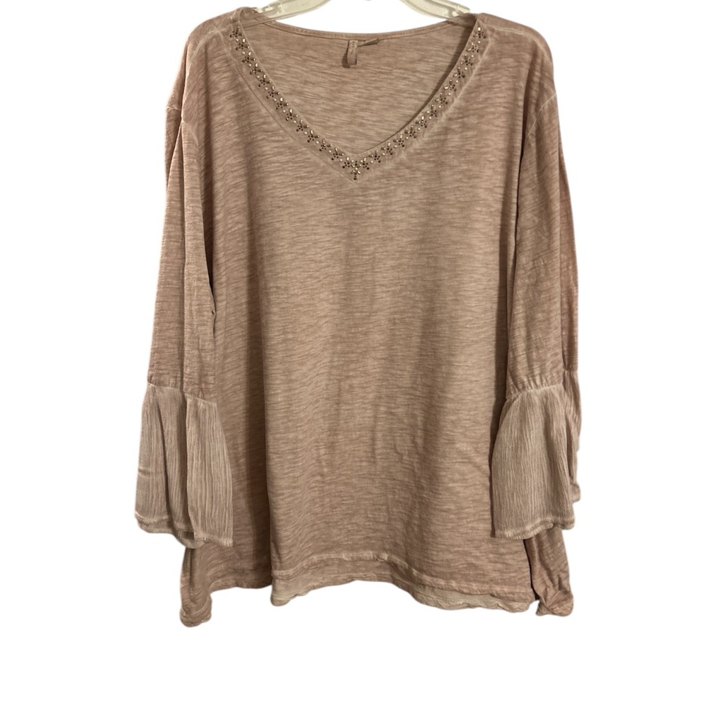 Est.1946 Chic Tan V-Neck Blouse with Embellished Neckline and bell sleeves 22/24